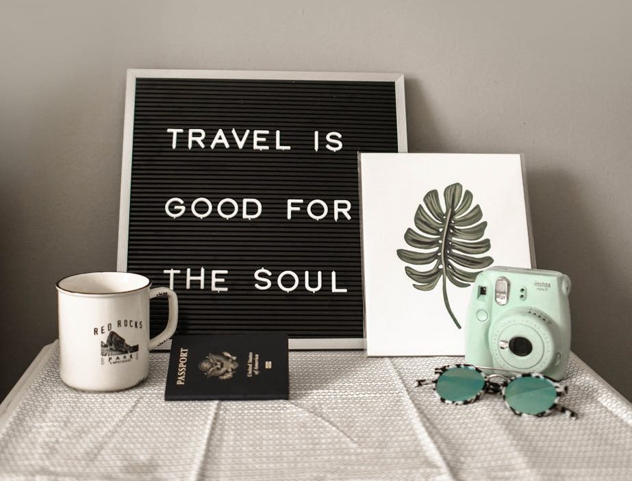 A travel-themed flat lay with a camera, coffee, and motivational quote.