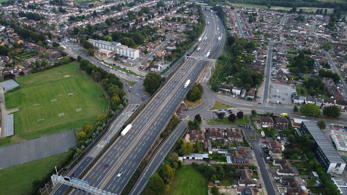Aerial view of Luton, England showing roads, intersections, and urban development.